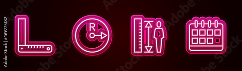 Set line Corner ruler, Radius, Measuring height body and Calendar. Glowing neon icon. Vector
