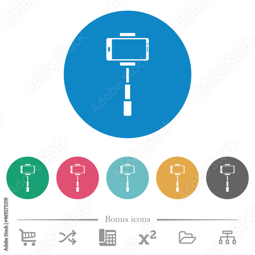 Smartphone on selfie stick front view flat round icons