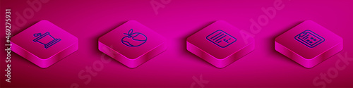 Set Isometric line Stage stand, Apple, Exam paper with incorrect answers and sheet check mark icon. Vector