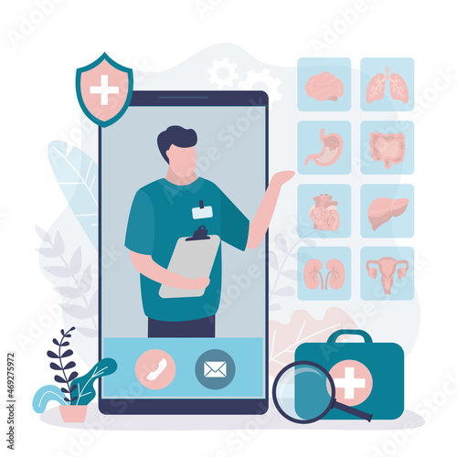 Online doctor offers to schedule full examination of internal organs. Medical staff on phone screen offers to undergo medical check up. Telemedicine services and healthcare.