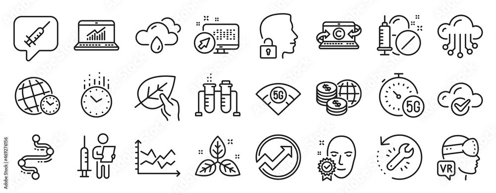 Set of Science icons, such as Time, Vaccine message, Fair trade icons. Face verified, Cloud storage, Web system signs. 5g wifi, Recovery tool, Augmented reality. Chemistry beaker, Audit. Vector Set of Science icons, such as Time, Vaccine message, Fair trade icons. Face verified, Cloud storage, Web system signs. 5g wifi, Recovery tool, Augmented reality. Chemistry beaker, Audit. Vector