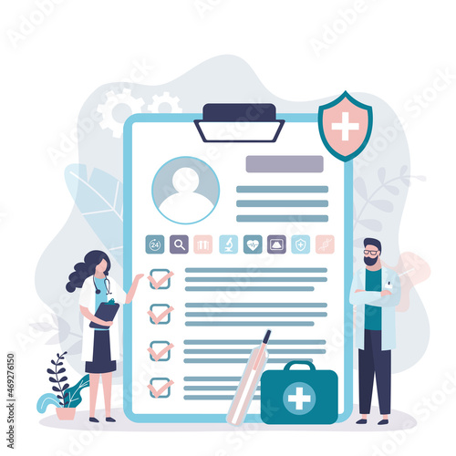 Clipboard with personal information about patient. Doctors doing complete medical examination