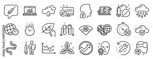 Set of Science icons, such as Time, Vaccine message, Fair trade icons. Face verified, Cloud storage, Web system signs. 5g wifi, Recovery tool, Augmented reality. Chemistry beaker, Audit. Vector