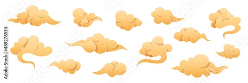 Chinese traditional clouds in beige color. Asian decorative element for design sky or pattern. Korean and japanese cloudy set. Light cloud in paper cut style for festival. Vector isolated illustration