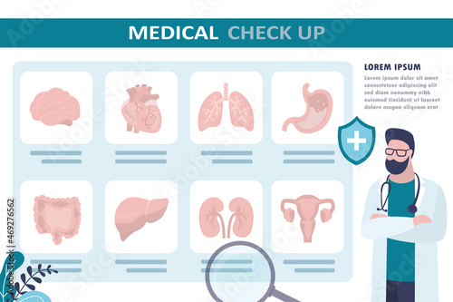 Male doctor offers to undergo complete examination. Check up and diagnosis of internal organs. Specialist consults patients on diseases of internal systems. Medical infographic.