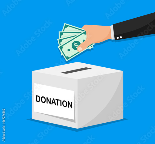 Donation concept. Hand throwing money into a box for donations. Give money for a donate, charity and volunteering. Vector illustration.