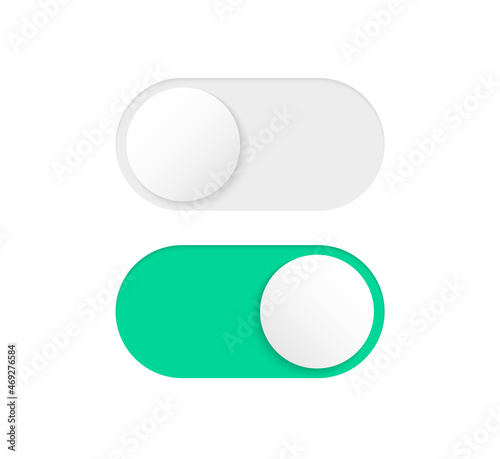 On and Off Toggle Switch. Slider buttons to turn on and off. Modern toggle switches for user interface on a device. Power control switch. Vector illustration.