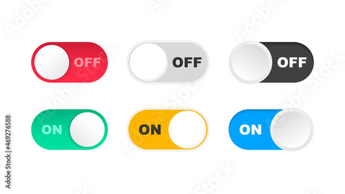 On and Off Toggle Switch. Slider buttons to turn on and off. Colored modern toggle switches for user interface on a device. Power control switch for smartphone. Vector illustration.