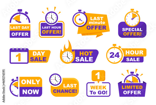 Set of sale countdown badges. Sale timer banners. Last day, last hour and last minute offer. One day and 24 hour sale, one week to go sale. Promo stickers hot sale and last chance. photo
