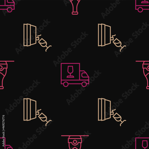 Set line Champagne bottle, Wine tasting, degustation and truck on seamless pattern. Vector