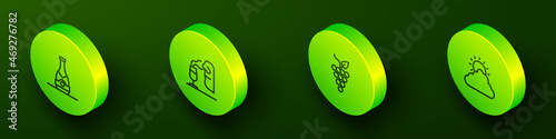 Set Isometric line Champagne bottle, Sommelier, Bunch of grapes and Sun and cloud weather icon. Vector