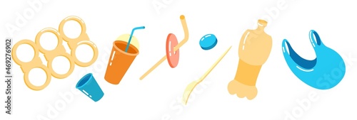 Plastic simple items for recycle. Food and household plastic packaging. Single-use objects after birthday or picnic on street. Reuse fork, package, bottle, rings for cans. Vector isolated illustration