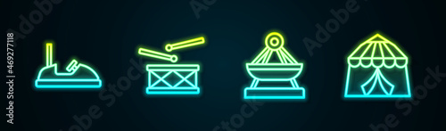 Set line Bumper car, Drum with drum sticks, Boat swing and Circus tent. Glowing neon icon. Vector