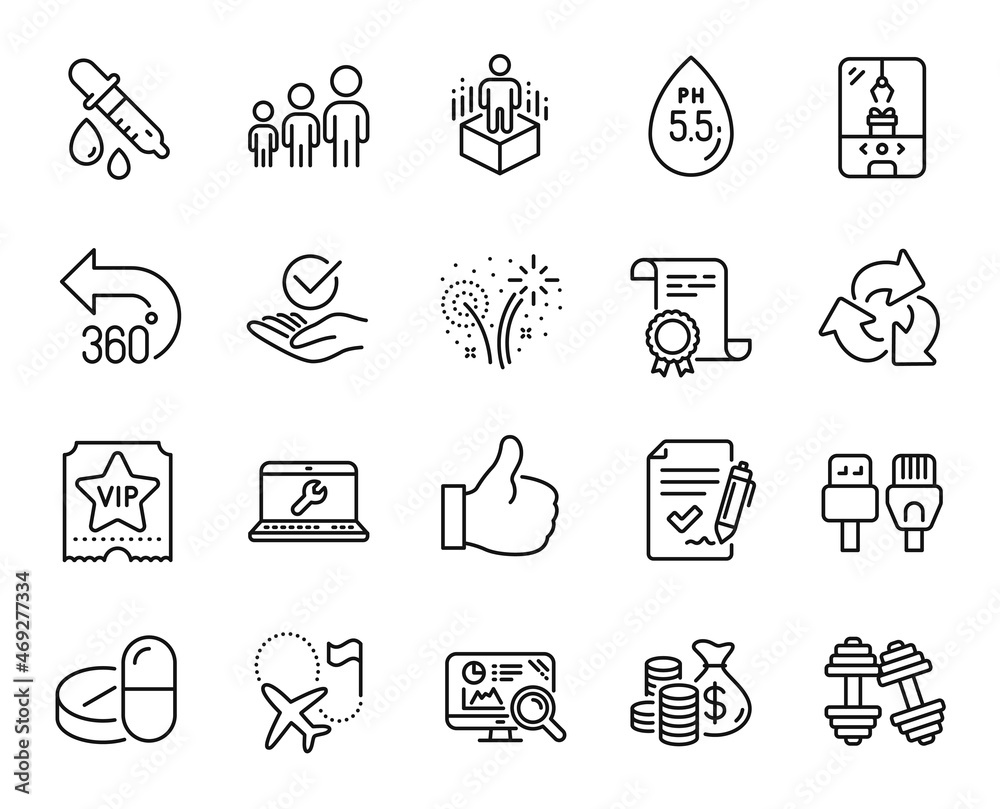 Fototapeta premium Vector set of Coins bag, Destination flag and Like line icons set. Business hierarchy, Computer cables and 360 degrees icons. Dumbbells, Approved agreement and Ph neutral signs. Vector
