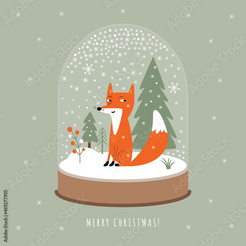 Christmas card. Snow Globe with cute fox