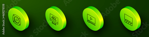 Set Isometric line Stereo speaker, Screen tv with 4k, Online play video and Cinema auditorium screen icon. Vector