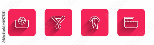 Set line Water polo, Medal, Wetsuit for scuba diving and Diving board springboard with long shadow. Red square button. Vector