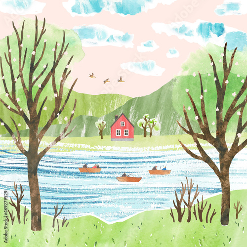 Spring fishing. Watercolor cute vector landscape with fishermen on boats, trees, house and mountains. Fishing in the river. Illustration for poster, postcard, banner