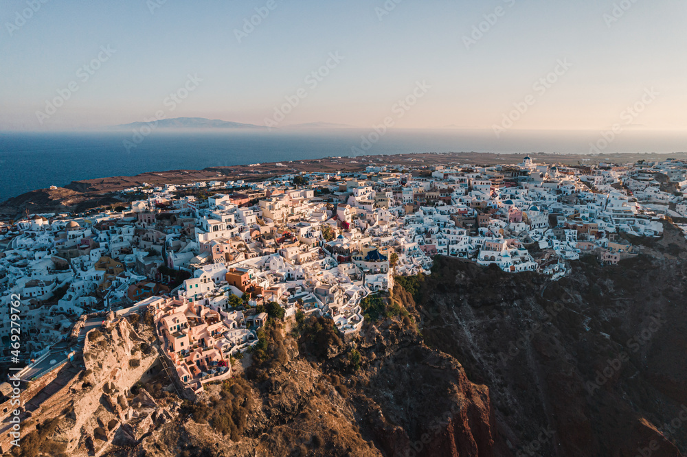 Aerial view of the Oia Village at sunrise on Santorini Island, Greece