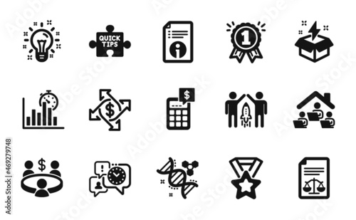 Vector set of Work home, Creative idea and Technical info icons simple set. Time management, Legal documents and Chemistry dna icons. Meeting, Reward and Idea signs. Vector
