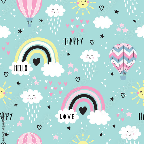 Happy rainbows, hot air ballon, clouds and sun seamless childish pattern. Hand drawn repeat pattern for wrapping, fabrik, textile or paper projects. Vector illustration.