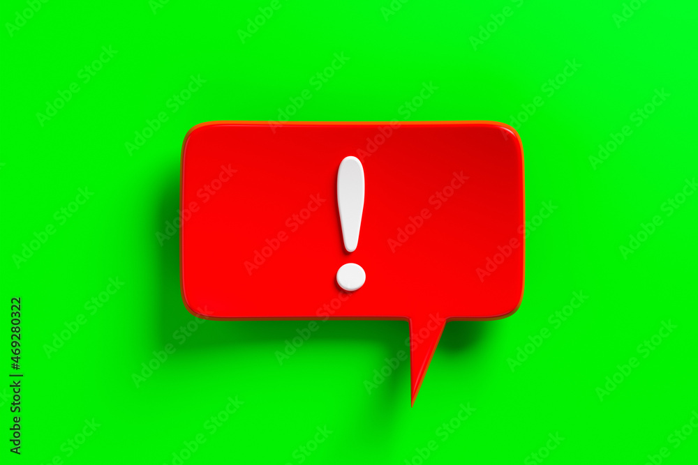 Social media notification icon, red bubble speech with exclamation mark ...