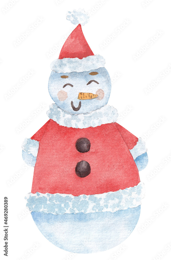 Watercolor cute snowman in a red fur coat and hat on a white background. Watercolor illustration of a snowman for the New Year holidays is suitable for postcards, paper, wallpaper, banners Watercolor cute snowman in a red fur coat and hat on a white background. Watercolor illustration of a snowman for the New Year holidays is suitable for postcards, paper, wallpaper, banners