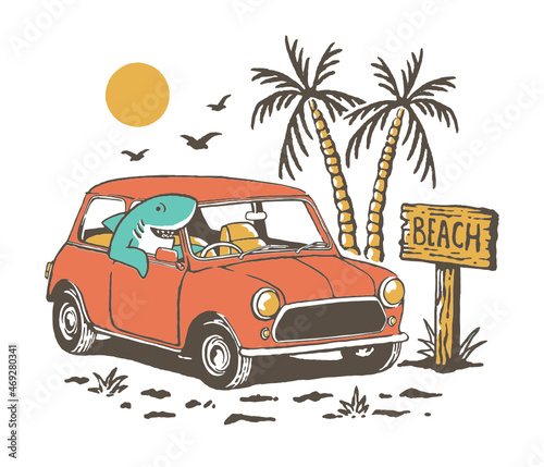 Shark driving car in the beach illustration