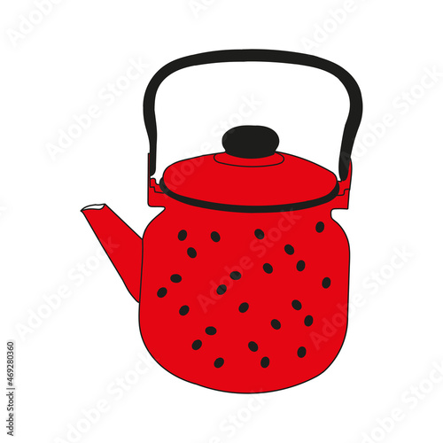 Black and red hand drawing illustration of a metal kettle with hot water for tea or coffee isolated on a white background