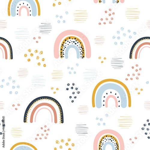 Rainbow, dots and stripes seamless childish pattern. Hand drawn repeat pattern for wrapping, fabrik, textile or paper projects. Vector illustration.