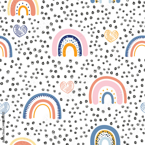 Multicolored rainbows, hearts and black dots seamless repeat pattern. Hand drawn repeat pattern for wrapping, fabrik, textile or paper projects. Vector illustration.