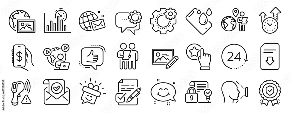 Set of Technology icons, such as Rate button, Security contract, Outsource work icons. Report timer, Insurance medal, Employees messenger signs. Smartphone waterproof, Like, Photo edit. Vector
