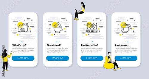 Set of Food and drink icons, such as Pre-order food, Cappuccino cream, Food delivery icons. UI phone app screens with people. Coffeepot line symbols. Vector
