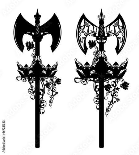 medieval style battle axe with king crown and rose flowers design set - vector royal heraldic weapon emblem