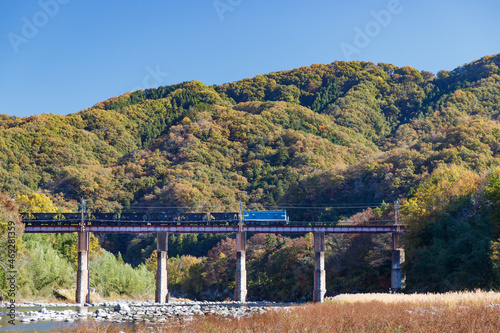 長瀞荒川橋梁、青空と紅葉の山を背景に渡る貨物列車