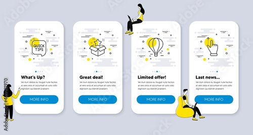 Set of Business icons, such as Air balloon, Loyalty program, Quick tips icons. UI phone app screens with people. Touchscreen gesture line symbols. Flight travel, Bonus star, Helpful tricks. Vector