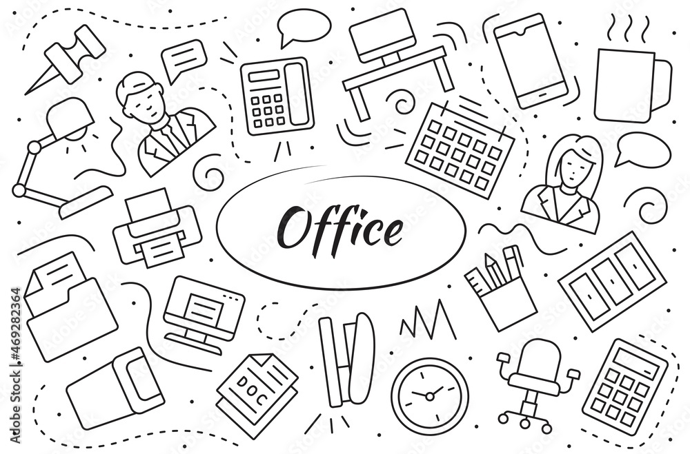 Office workspace objects and elements set. Simple vector line illustration. Office workspace objects and elements set. Simple vector line illustration.