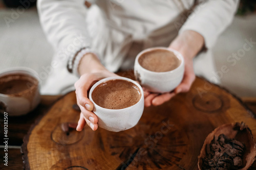 Obraz na płótnie Hot handmade ceremonial cacao in white cup