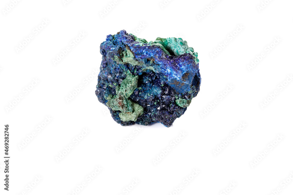 Macro mineral stone Malachite and Azurite against white background Macro mineral stone Malachite and Azurite against white background
