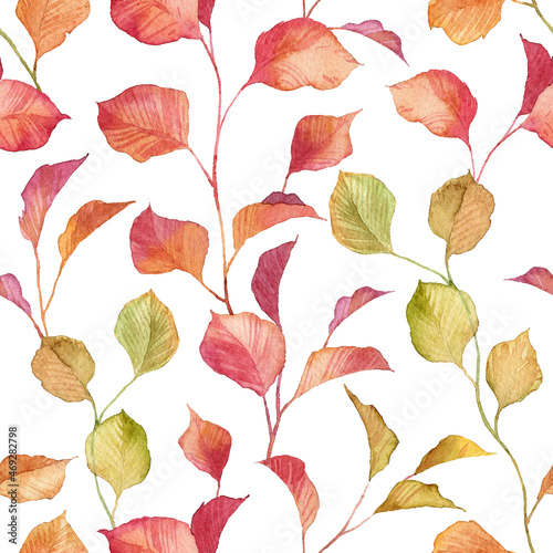 Square seamless pattern with realistic autumn leaves on twigs. Hand painted watercolor plants. Ivy red and golden branches. Wallpapers and wrapping paper design