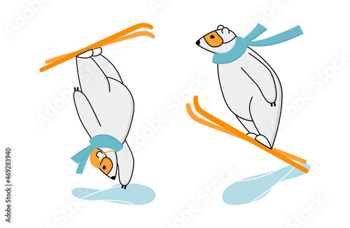 Polar bear freestyle skiing. Funny mascot ski jumping and ski freestyle over the springboard