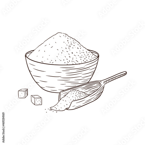Bowl and Wooden Scoop with Sugar. Engraved Illustration. Line Art. Hand drawn bowl with white grains for logo, recipe, print, sticker, bakery menu design and decoration