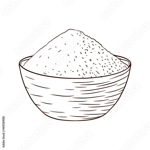 Bowl with Sugar Engraved Illustration. Hand drawn bowl with white grains for logo, recipe, print, sticker, bakery menu design and decoration