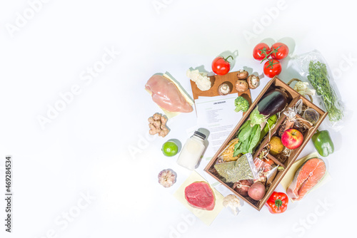 Meal Kit Delivery Concept. Set various healthy dishes food ingredients meat, vegetables, fruit, spices with recipes for cooking. Online ordering of restaurant chef foods ingredients, grocery delivery,