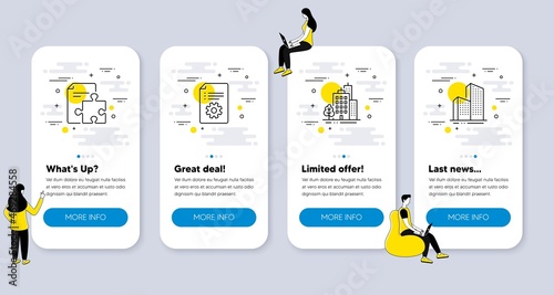 Set of Industrial icons, such as Technical documentation, Strategy, Buildings icons. UI phone app screens with people. Skyscraper buildings line symbols. Manual, Puzzle, City architecture. Vector