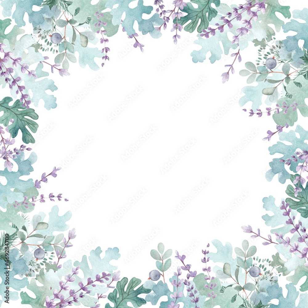 Watercolor frame. Hand-drawn lavender flowers, eucalyptus and blueberry branches on a white background.  Suitable for backgrounds, cards, posters, invitations