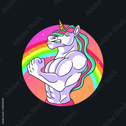 strong unicorn with rainbow hair show the muscle