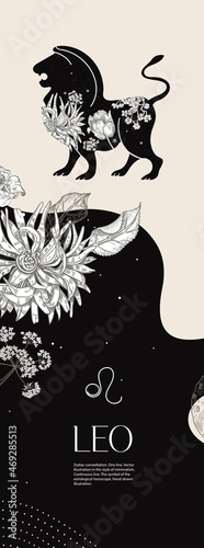 Zodiac sign Leo. Black silhouette of a lion with white flowers.