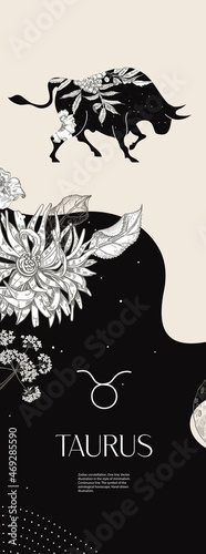 odiac sign Taurus. Black silhouette with white flowers. Template for postcard, brochure, page, booklet.