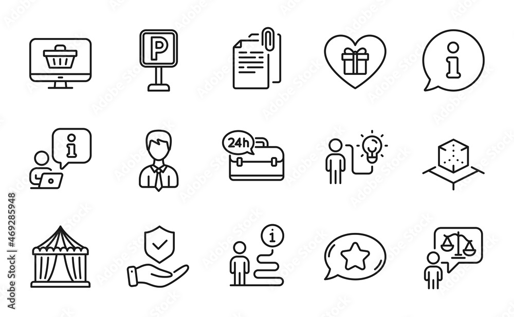 Business icons set. Included icon as Web shop, Document attachment, Business idea signs. Parking, Augmented reality, 24h service symbols. Businessman, Circus tent, Romantic gift. Lawyer. Vector